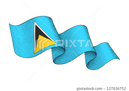 Saint Lucia flag with wavy ribbon shape and engraved texture Saint Lucia flag with wavy ribbon shape and engraved texture 127816752