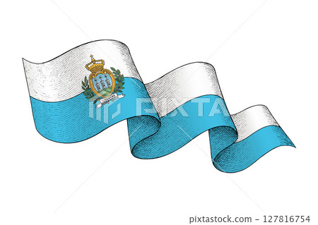 San Marino flag with wavy ribbon shape and engraved texture San Marino flag with wavy ribbon shape and engraved texture 127816754
