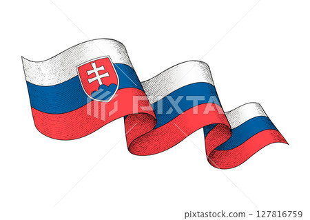 Slovakia flag with wavy ribbon shape and engraved texture 127816759