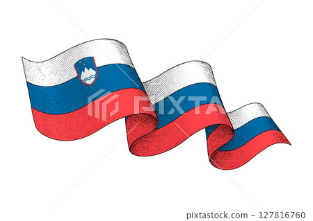 Slovenia flag with wavy ribbon shape and engraved texture 127816760