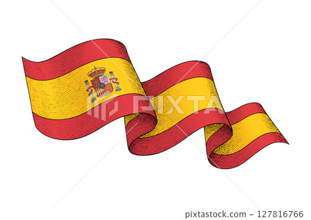 Spain flag with wavy ribbon shape and engraved texture Spain flag with wavy ribbon shape and engraved texture 127816766