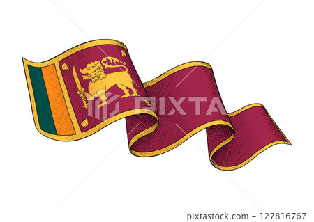 Sri Lanka flag with wavy ribbon shape and engraved texture 127816767