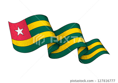 Togo flag with wavy ribbon shape and engraved texture Togo flag with wavy ribbon shape and engraved texture 127816777