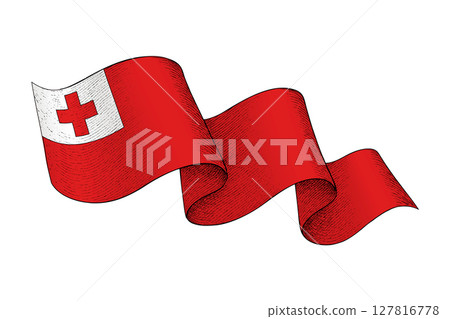 Tonga flag with wavy ribbon shape and engraved texture 127816778