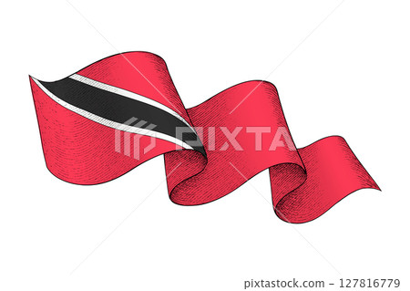 Trinidad and Tobago flag with wavy ribbon shape and engraved texture Trinidad and Tobago flag with wavy ribbon shape and engraved texture 127816779