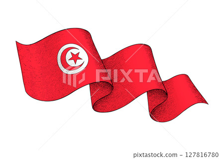Tunisia flag with wavy ribbon shape and engraved texture Tunisia flag with wavy ribbon shape and engraved texture 127816780