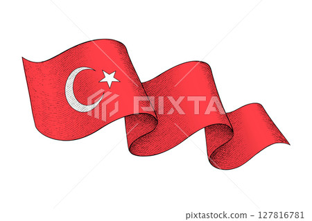 Turkey flag with wavy ribbon shape and engraved texture 127816781