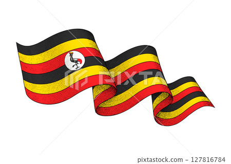 Uganda flag with wavy ribbon shape and engraved texture 127816784