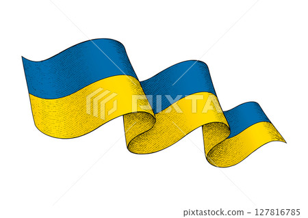 Ukraine flag with wavy ribbon shape and engraved texture 127816785