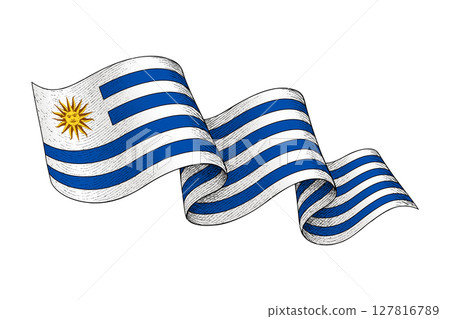 Uruguay flag with wavy ribbon shape and engraved texture 127816789