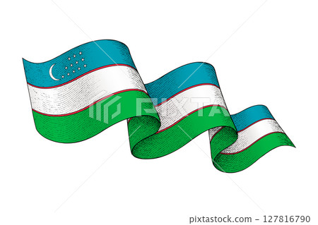Uzbekistan flag with wavy ribbon shape and engraved texture 127816790