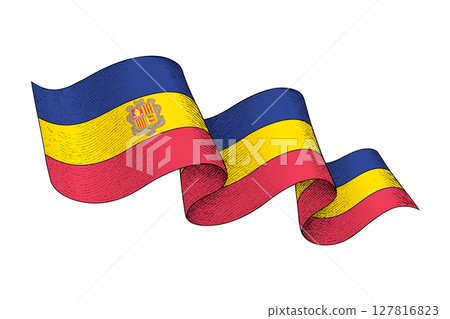 Andorra flag with wavy ribbon shape and engraved texture 127816823