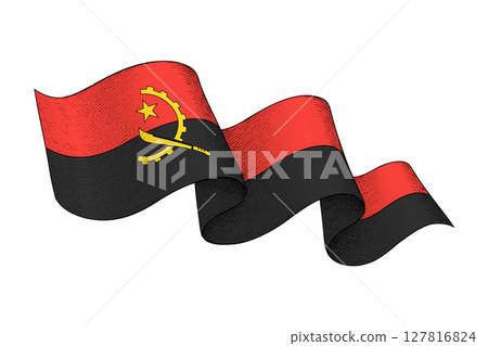 Angola flag with wavy ribbon shape and engraved texture 127816824