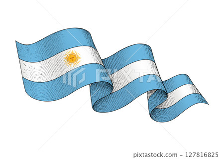 Argentina flag with wavy ribbon shape and engraved texture 127816825