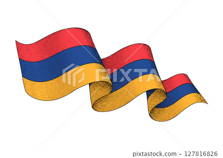 Armenia flag with wavy ribbon shape and engraved texture 127816826