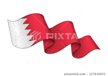 Bahrain flag with wavy ribbon shape and engraved texture 127816831