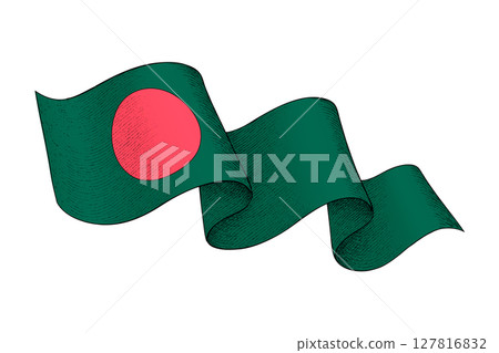 Bangladesh flag with wavy ribbon shape and engraved texture 127816832