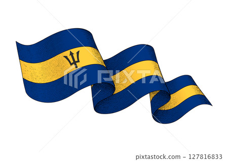 Barbados flag with wavy ribbon shape and engraved texture 127816833