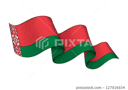 Belarus flag with wavy ribbon shape and engraved texture 127816834