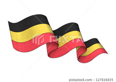 Belgium flag with wavy ribbon shape and engraved texture Belgium flag with wavy ribbon shape and engraved texture 127816835
