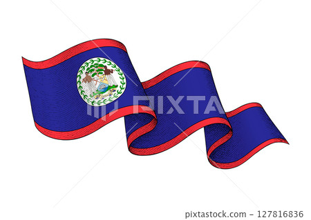 Belize flag with wavy ribbon shape and engraved texture 127816836