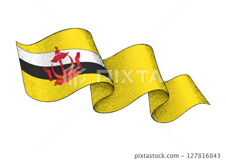 Brunei flag with wavy ribbon shape and engraved texture 127816843