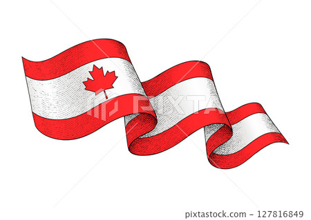Canada flag with wavy ribbon shape and engraved texture Canada flag with wavy ribbon shape and engraved texture 127816849