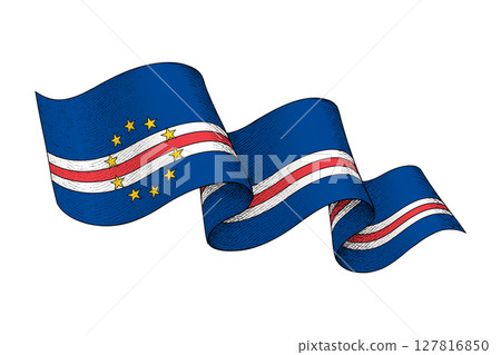 Cape Verde flag with wavy ribbon shape and engraved texture 127816850