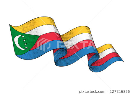 Comoros flag with wavy ribbon shape and engraved texture 127816856