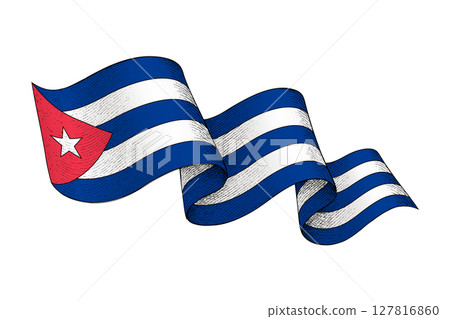 Cuba flag with wavy ribbon shape and engraved texture 127816860