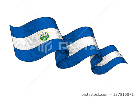El Salvador flag with wavy ribbon shape and engraved texture El Salvador flag with wavy ribbon shape and engraved texture 127816871