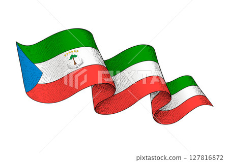 Equatorial Guinea flag with wavy ribbon shape and engraved texture 127816872