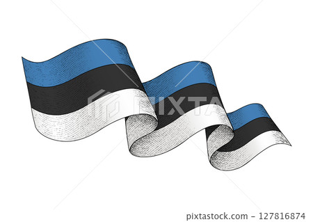 Estonia flag with wavy ribbon shape and engraved texture Estonia flag with wavy ribbon shape and engraved texture 127816874