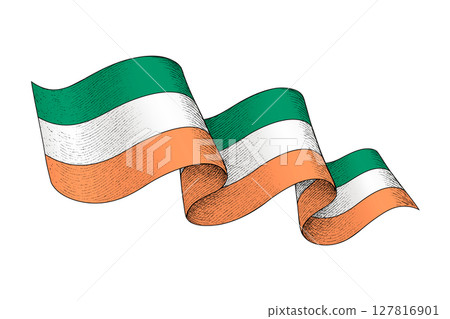 Ireland flag with wavy ribbon shape and engraved texture 127816901