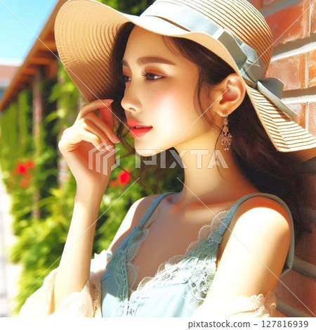 戶外戴草帽的女人 戶外戴草帽的女人 127816939