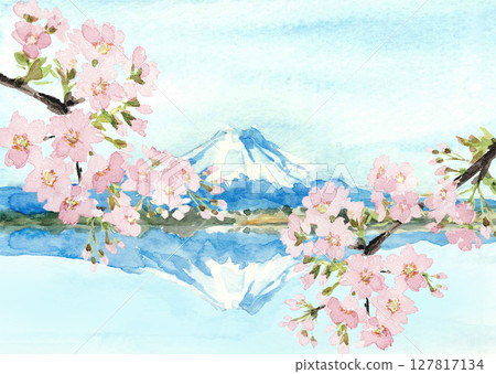 Watercolor illustration of cherry blossoms blooming and Mirror Fuji reflected in a lake in spring [hand-drawn] Copy space 127817134