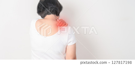 Elderly Woman having Shoulder Pain for Muscle Inflammation and Sprain, Myofascial ache syndrome and Fibromyalgia, Shoulder Myalgia, Scapular Tightness, Cervical Spine, Rheumatism and Health care Elderly Woman having Shoulder Pain for Muscle Inflammation and Sprain, Myofascial ache syndrome and Fibromyalgia, Shoulder Myalgia, Scapular Tightness, Cervical Spine, Rheumatism and Health care 127817198