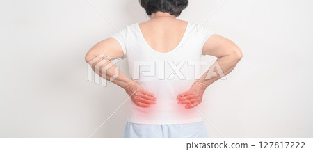 Elderly woman having side and Back Waist pain for Kidney disease, Urinary system and Stones, world Kidney and Cancer day, Chronic kidney, Organ Donor Day and Health care concept 127817222