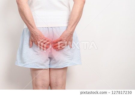 elderly Woman having Anal symptoms pain for Hemorrhoids disease, Constipation, Anal cancer awareness month, diarrhea, Irritable Bowel Syndrome, IBS, Inflammation, Colorectal cancer and Anal Procttis elderly Woman having Anal symptoms pain for Hemorrhoids disease, Constipation, Anal cancer awareness month, diarrhea, Irritable Bowel Syndrome, IBS, Inflammation, Colorectal cancer and Anal Procttis 127817230