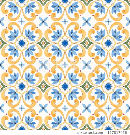 Seamless Mediterranean tile pattern in watercolor style with floral blue and yellow ornaments. Perfect for kitchen decor, textiles, wrapping paper, and elegant ceramic designs. Seamless Mediterranean tile pattern in watercolor style with floral blue and yellow ornaments. Perfect for kitchen decor, textiles, wrapping paper, and elegant ceramic designs. 127817456