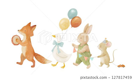 Watercolor parade of cute forest animals with balloons and instruments, perfect for nursery art, baby shower invitations, and kids' party decor. Adorable illustration 127817459