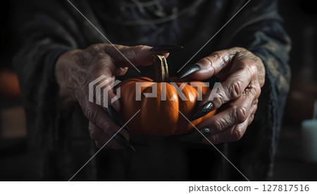 Old witchy scary hands with black sharp nails hold a pumpkin, close up, low key, selected focus. 127817516