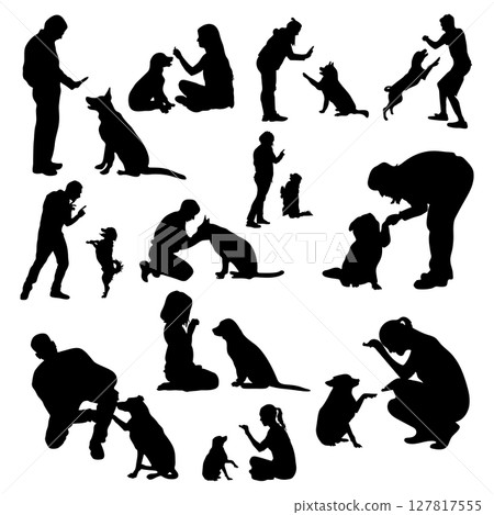 Dog training silhouettes , Dog trainer silhouettes set. 127817555