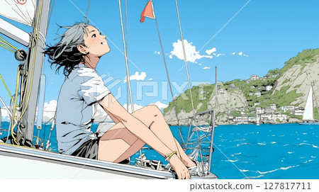遊艇上的年輕女子 127817711