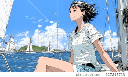 遊艇上的年輕女子 127817713