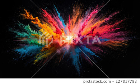A vibrant explosion of colored powder fills the dark background, creating a dazzling display of hues and swirling patterns. This dynamic moment captures the essence of celebration and joy. 127817788
