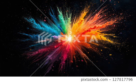 Colorful powder bursts forth in a spectacular display, illuminating the dark surroundings with vibrant hues. The energetic explosion captures the spirit of joy and creativity. 127817796
