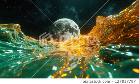 Vibrant waves of green and orange flow gracefully towards a mirror-like surface, reflecting a bright full moon in a starry night sky. The scene evokes a dreamlike atmosphere. Vibrant waves of green and orange flow gracefully towards a mirror-like surface, reflecting a bright full moon in a starry night sky. The scene evokes a dreamlike atmosphere. 127817797