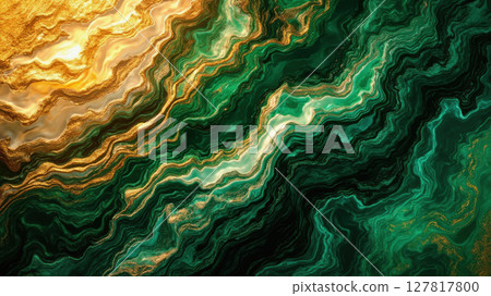 Swirling patterns of green and gold create an eye-catching abstract design. The fluid texture emphasizes depth and movement, creating a dynamic visual experience. 127817800
