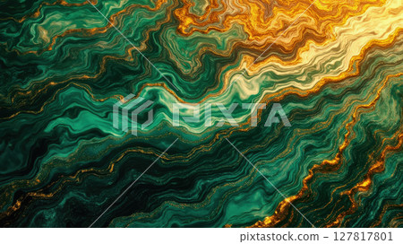 Swirling patterns of green and gold create a mesmerizing abstract art piece. The dynamic movement of colors evokes a sense of fluidity and depth. 127817801